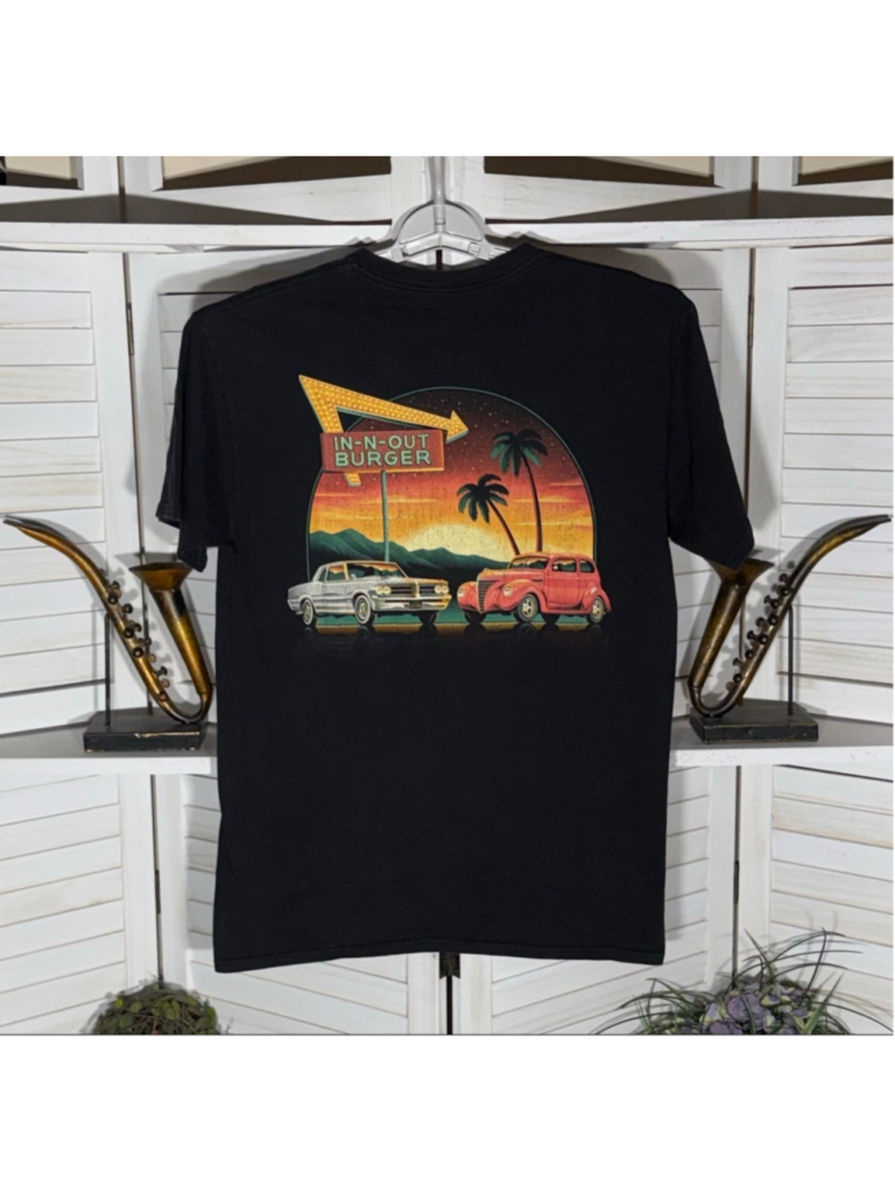 Vintage classic cars In-N-Out Burger T-shirt fast food black cotton men's sz M